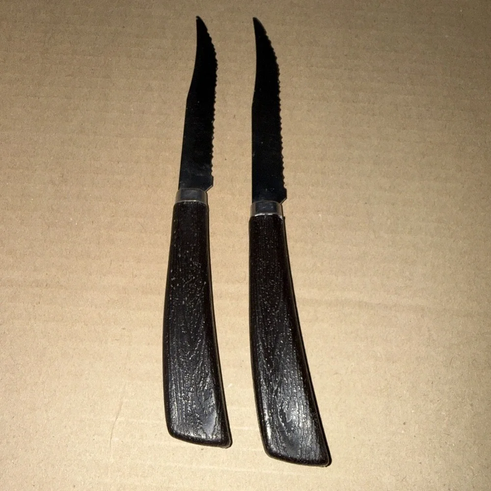 VTG Quikut Lot of 2 Stainless Serrated Steak Knives Dark Brown Faux Wood Handle